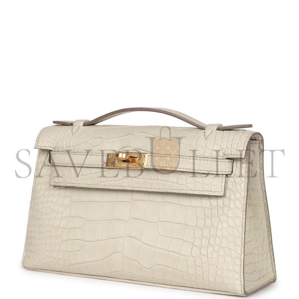 HERMÈS MASTER KELLY POCHETTE BETON MATTE ALLIGATOR GOLD HARDWARE (22*14*7cm) 